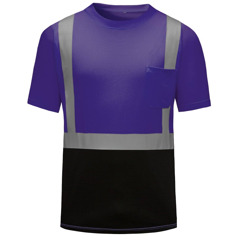 DPSAFETY High Visibility Shirts Quick Dry Safety T Shirts with Reflective Strips and Pocket Short Sleeve Mesh Hi Vis Construction Work Class 2 Shirt for Men/Women Black Bottom Purple,Small - Image 1